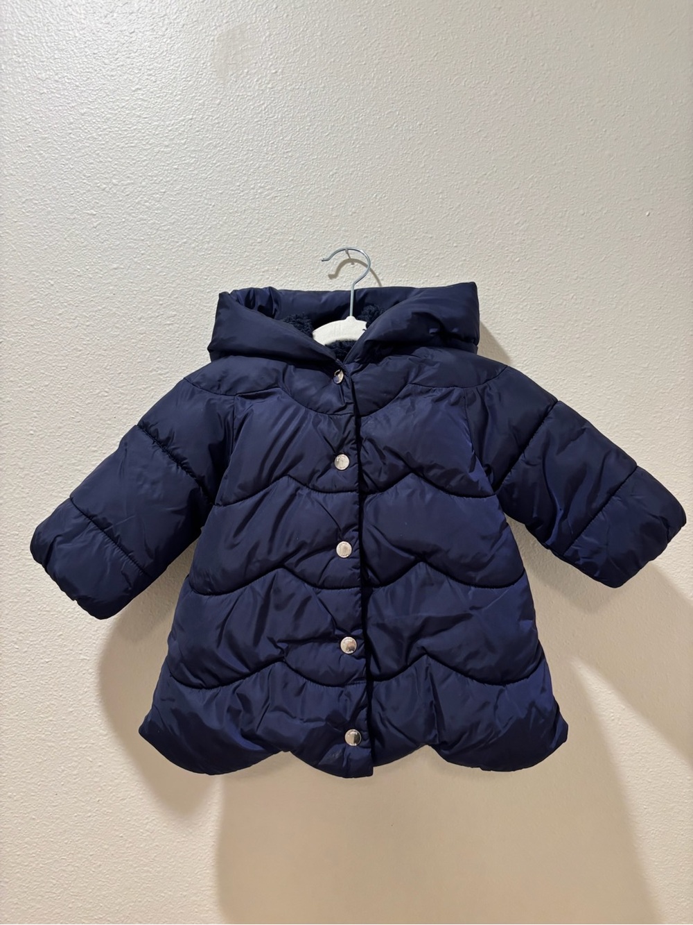 Jacadi 12 Mo Toddler Girl Navy Hooded Puffer Coat with Scalloped Hem